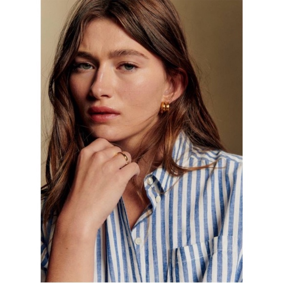 SEZANE Classic Oversized Blue & White Striped Linen Cotton Button Down Max Shirt - Picture 5 of 17